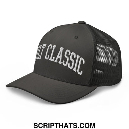 Black mesh trucker hat with white embroidered classic lettering featuring a cult classic design on the front