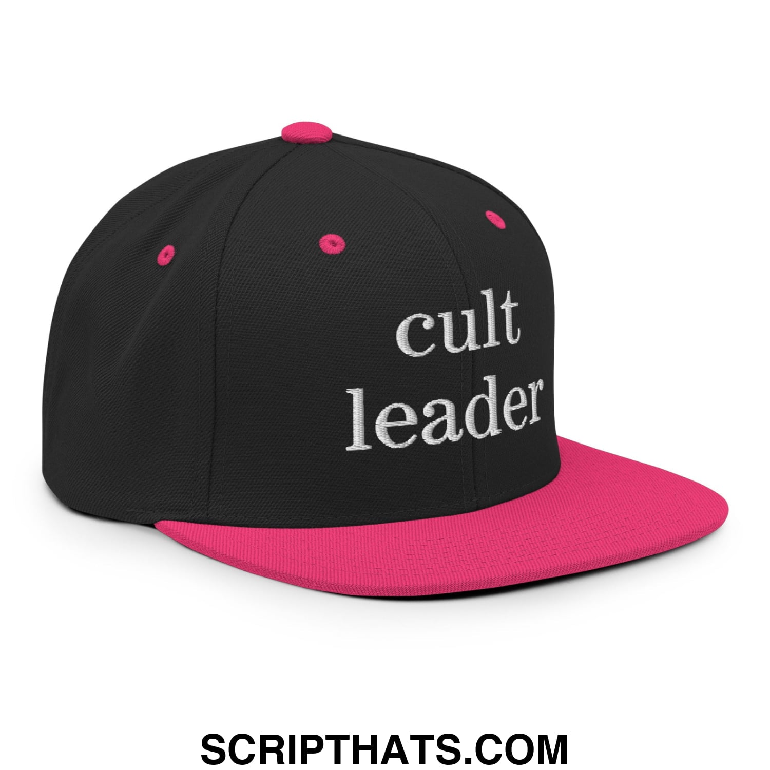 Cult Leader Embroidered Flat Bill Brim Snapback Hat Black Neon Pink