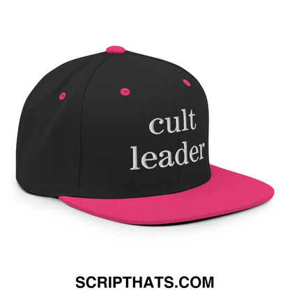 Cult Leader Embroidered Flat Bill Brim Snapback Hat Black Neon Pink