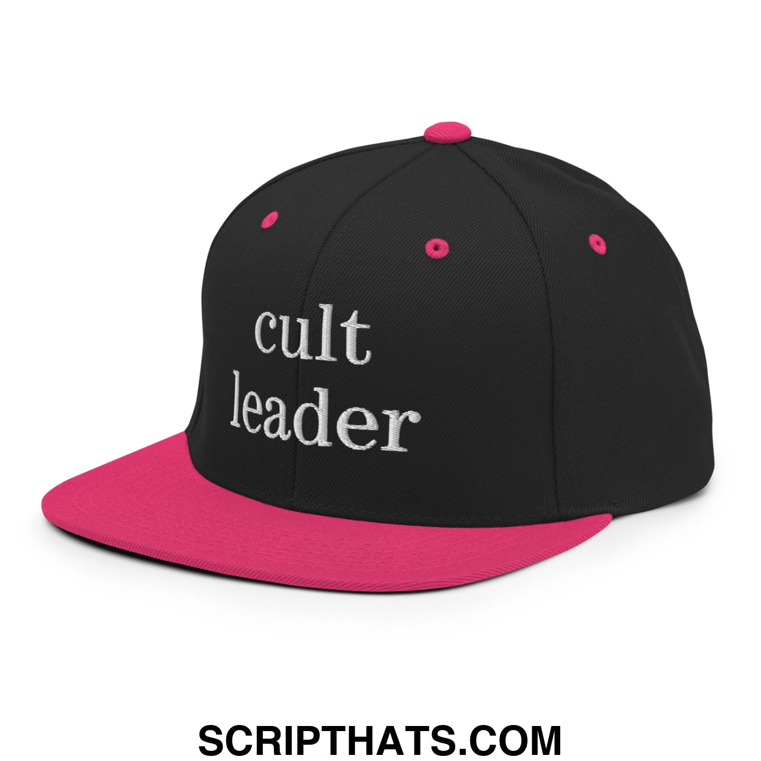 Cult Leader Embroidered Flat Bill Brim Snapback Hat Black Neon Pink