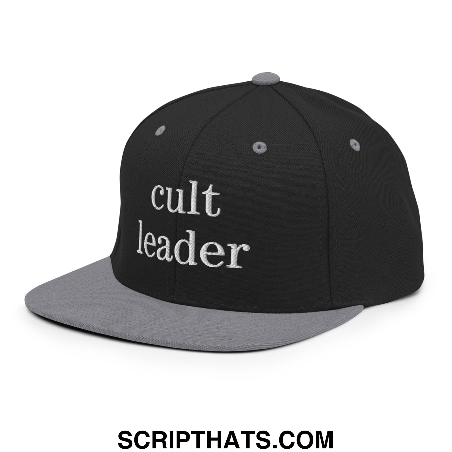 Cult Leader Embroidered Flat Bill Brim Snapback Hat Black Silver