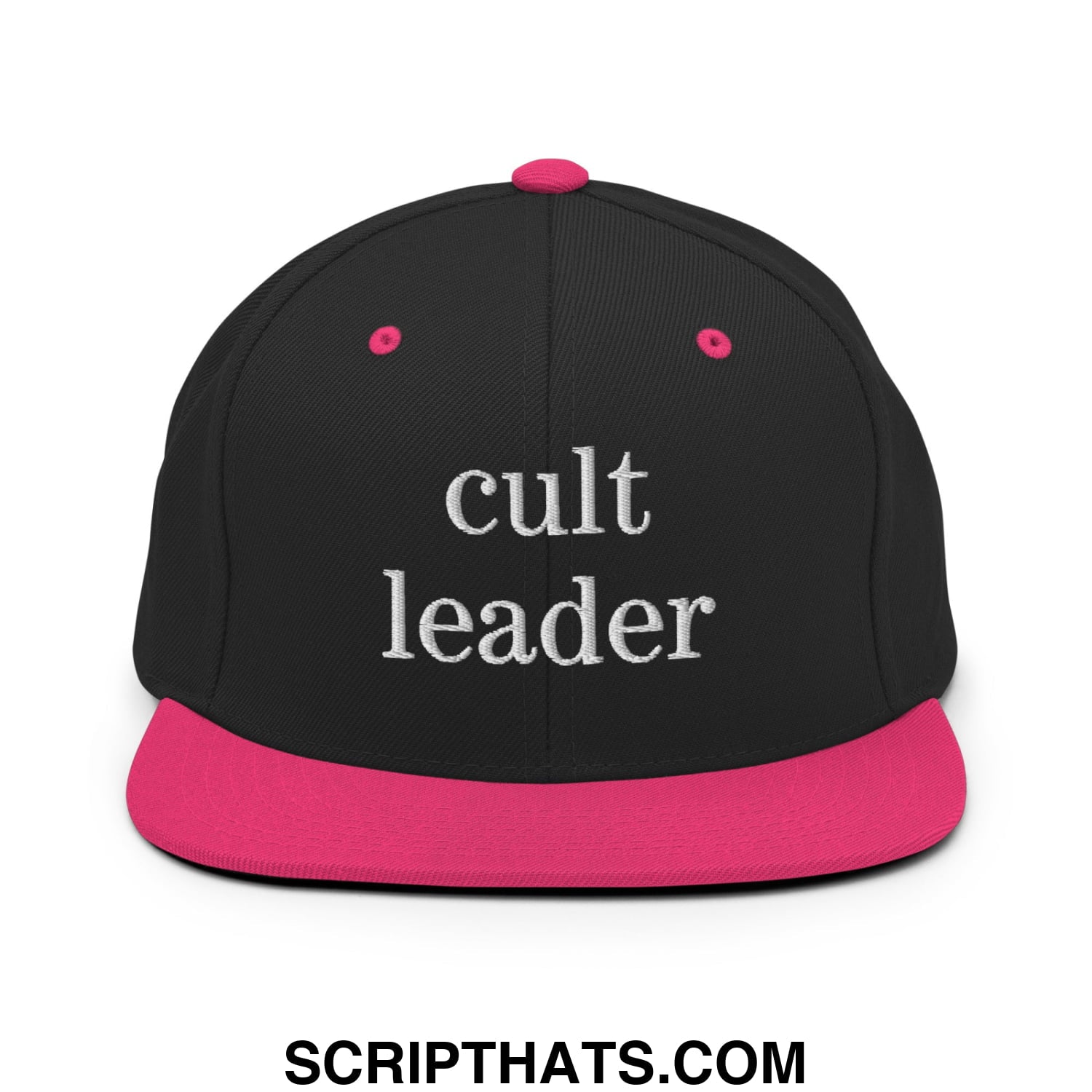 Cult Leader Embroidered Flat Bill Brim Snapback Hat Black Neon Pink
