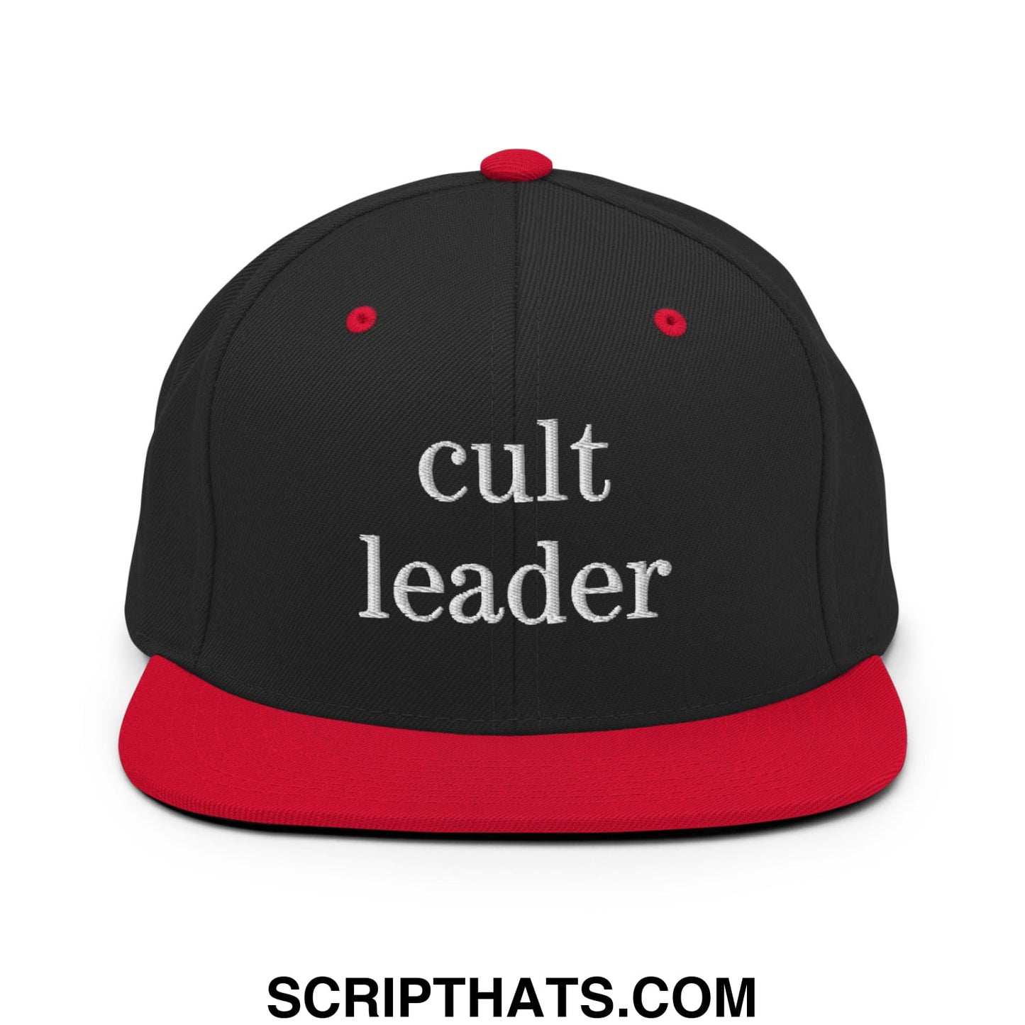 Cult Leader Embroidered Flat Bill Brim Snapback Hat Black Red