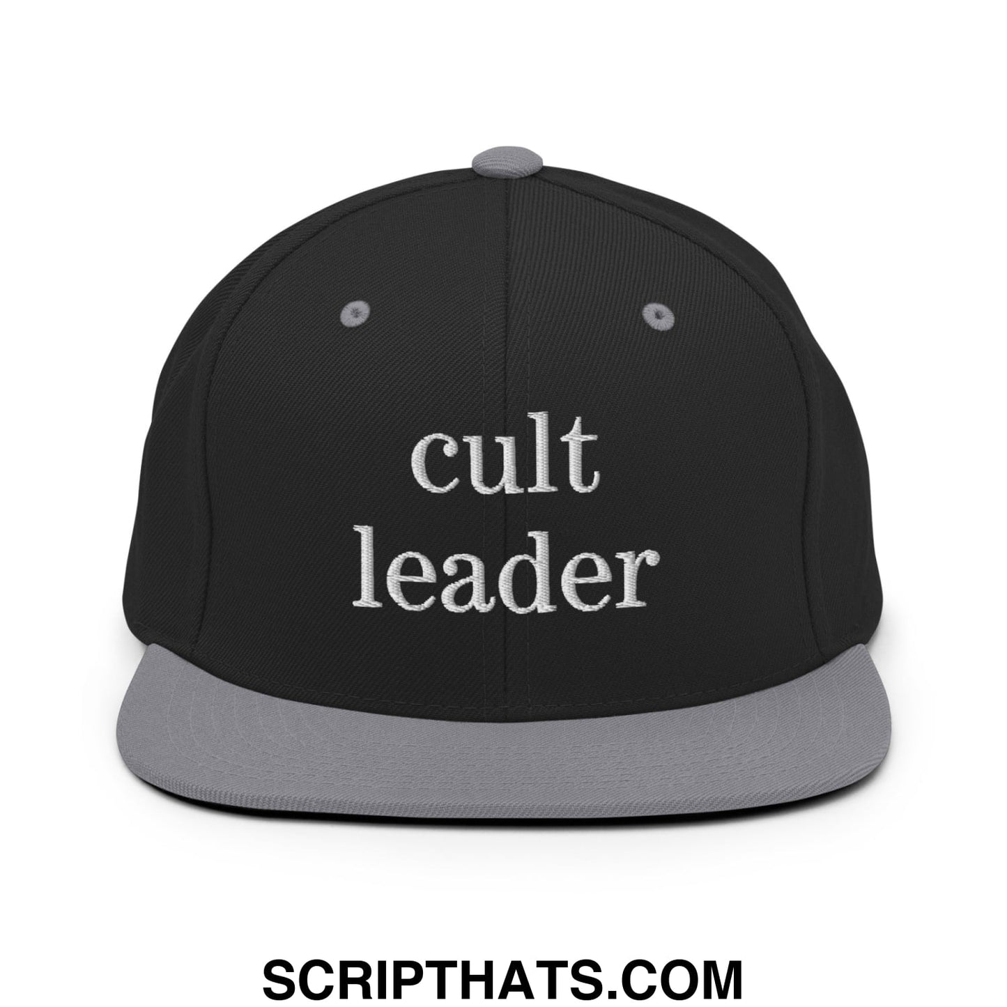 Cult Leader Embroidered Flat Bill Brim Snapback Hat Black Silver
