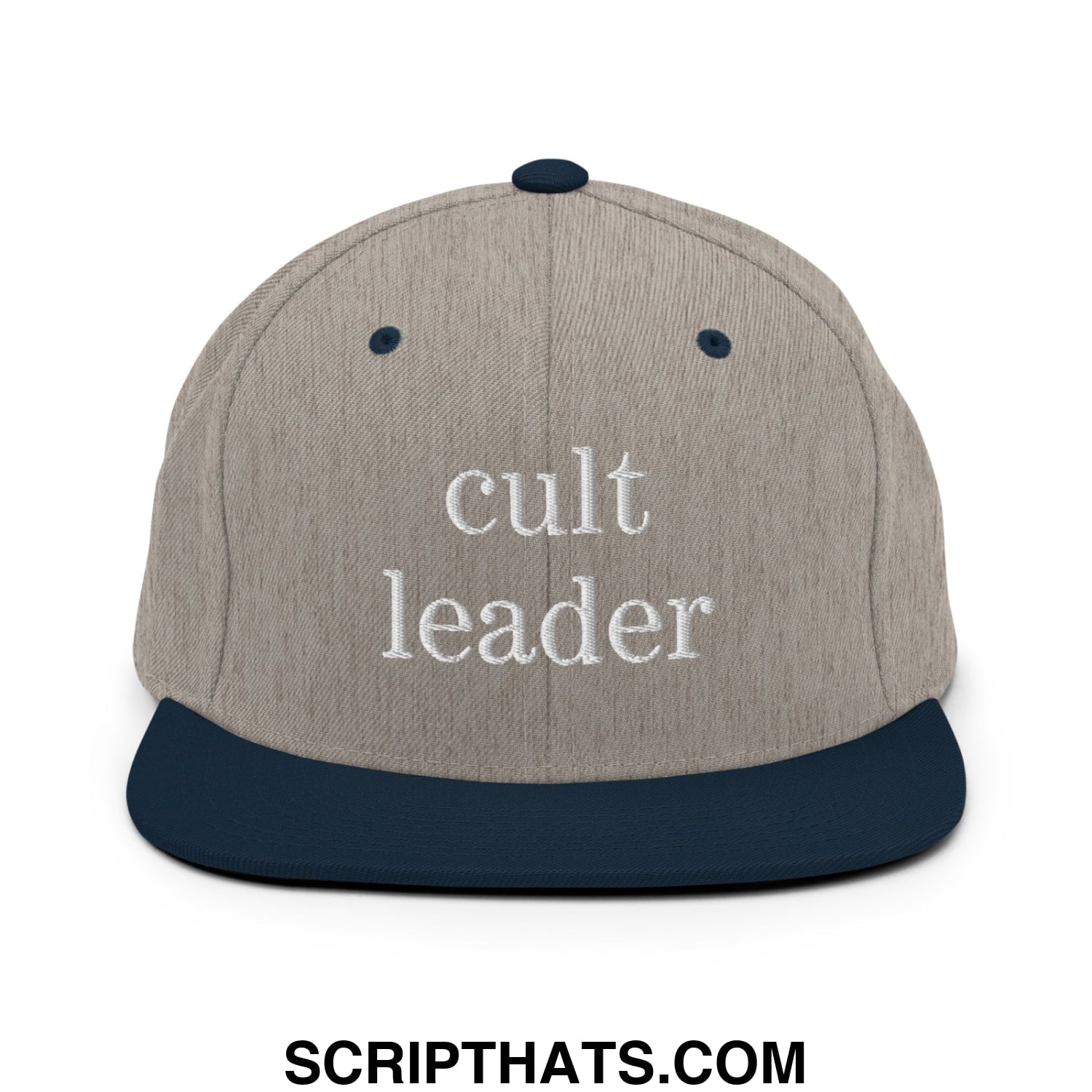 Cult Leader Embroidered Flat Bill Brim Snapback Hat Heather Grey Navy