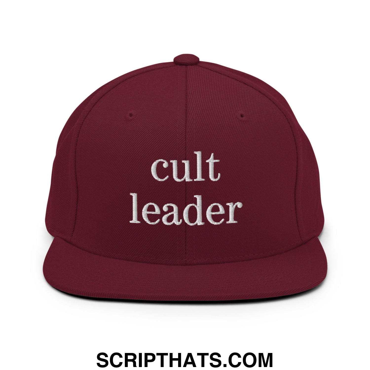 Cult Leader Embroidered Flat Bill Brim Snapback Hat Maroon