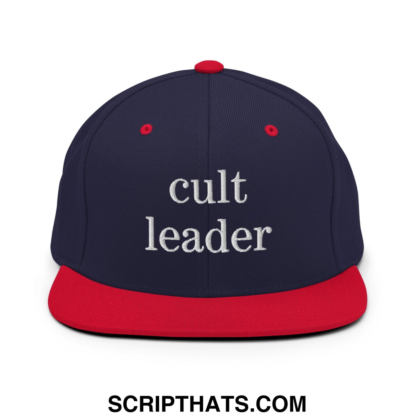 Cult Leader Embroidered Flat Bill Brim Snapback Hat Navy Red