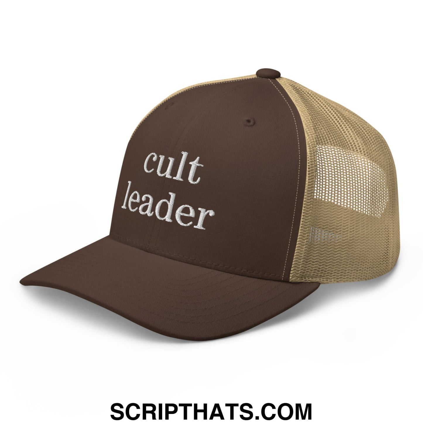Cult Leader Embroidered Mesh Trucker Hat Brown Khaki