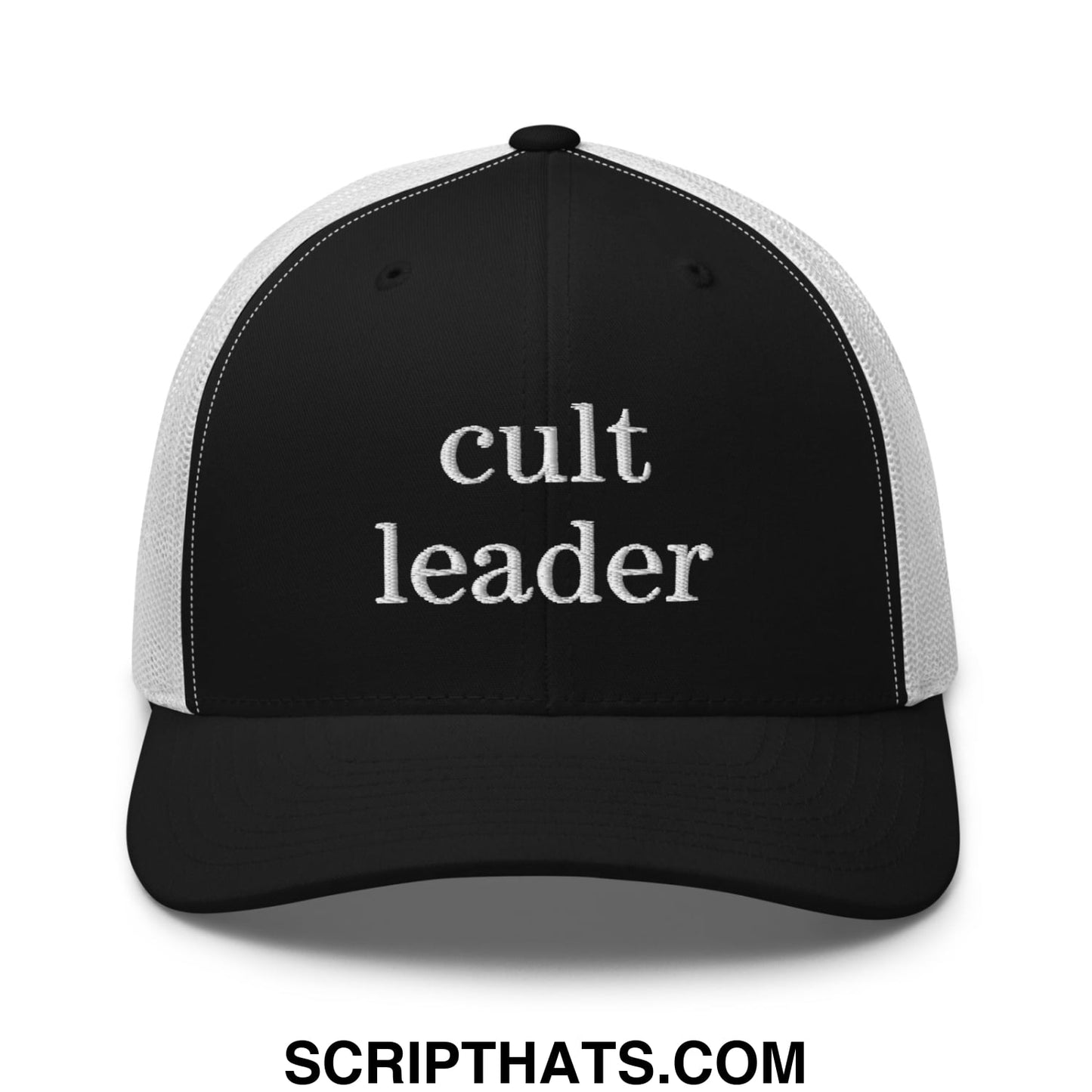 Cult Leader Embroidered Mesh Trucker Hat Black White