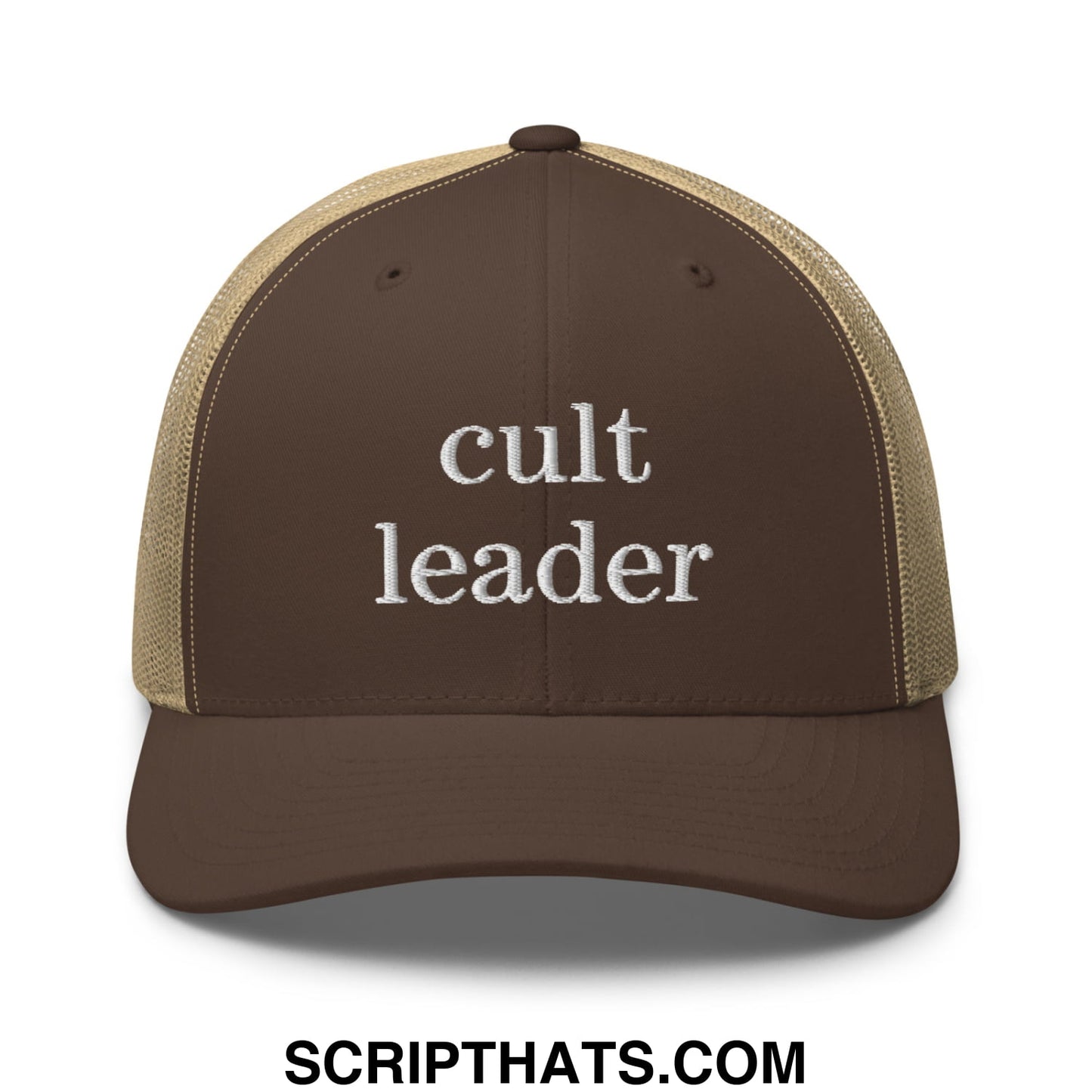 Cult Leader Embroidered Mesh Trucker Hat Brown Khaki