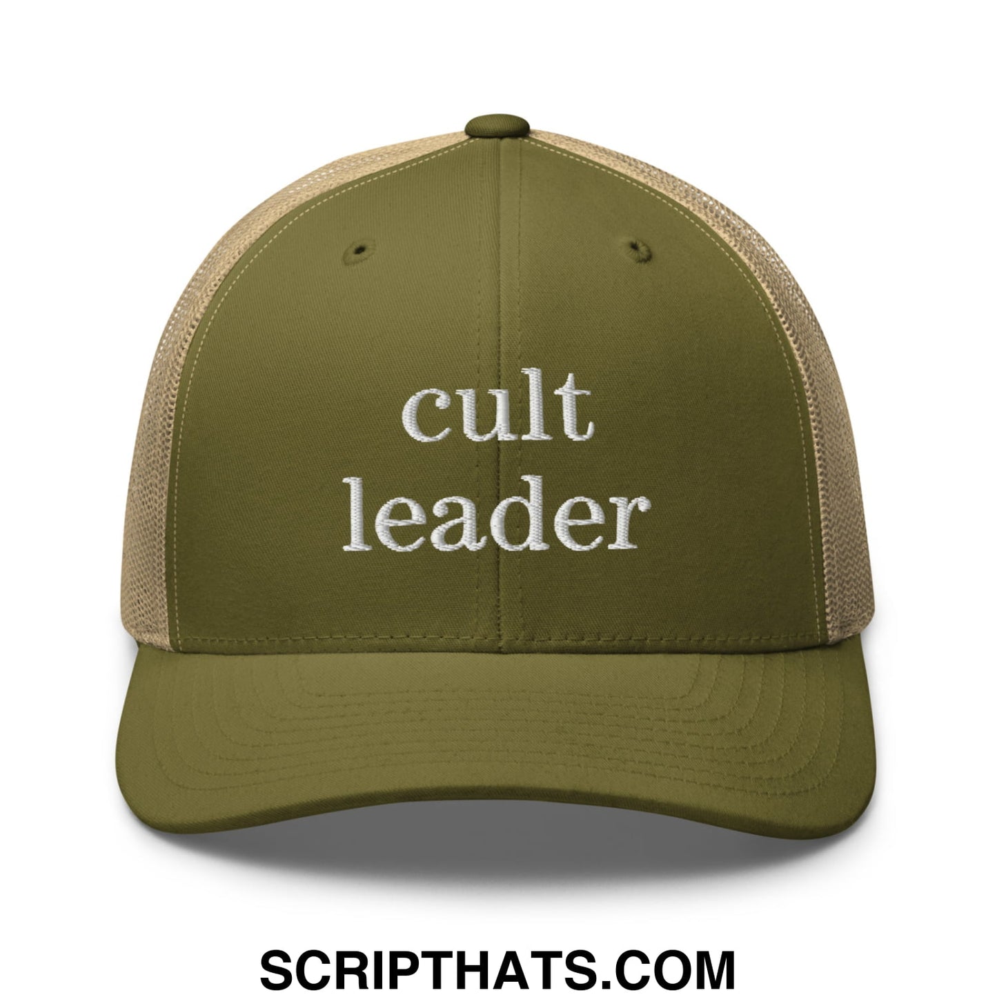 Cult Leader Embroidered Mesh Trucker Hat Moss Khaki