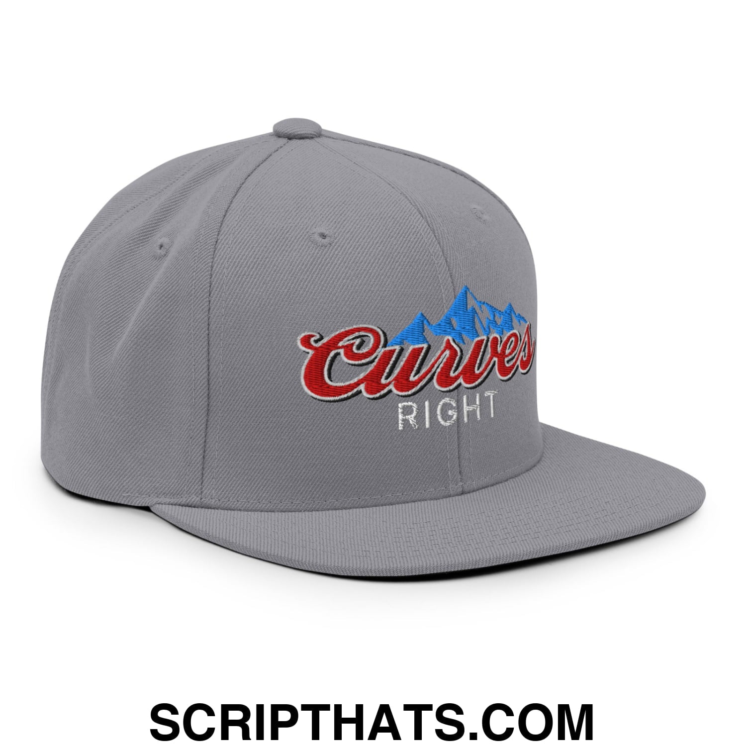 Curves Right Embroidered Flat Bill Brim Snapback Hat Silver