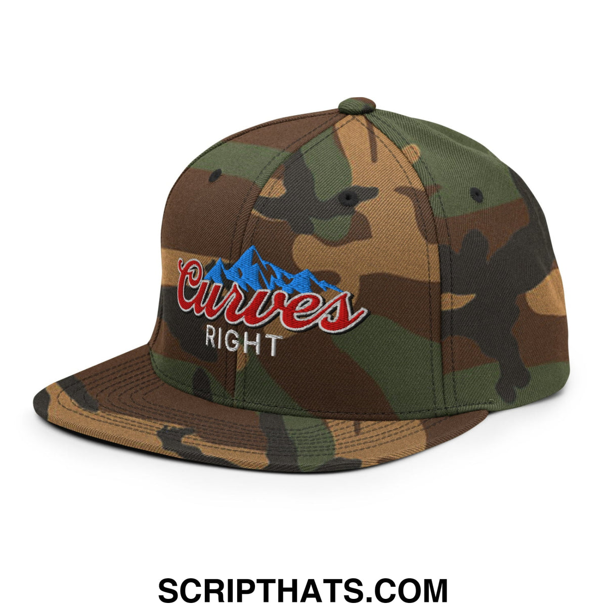 Curves right embroidered flat bill snapback hat with camouflage pattern blue mountain graphics and red lettering