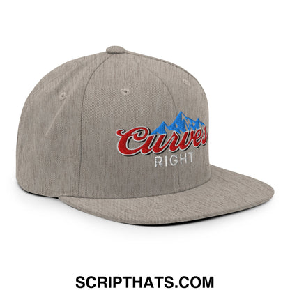 Gray heathered snapback cap with embroidered red curves right logo and blue mountain graphic flat bill brim hat