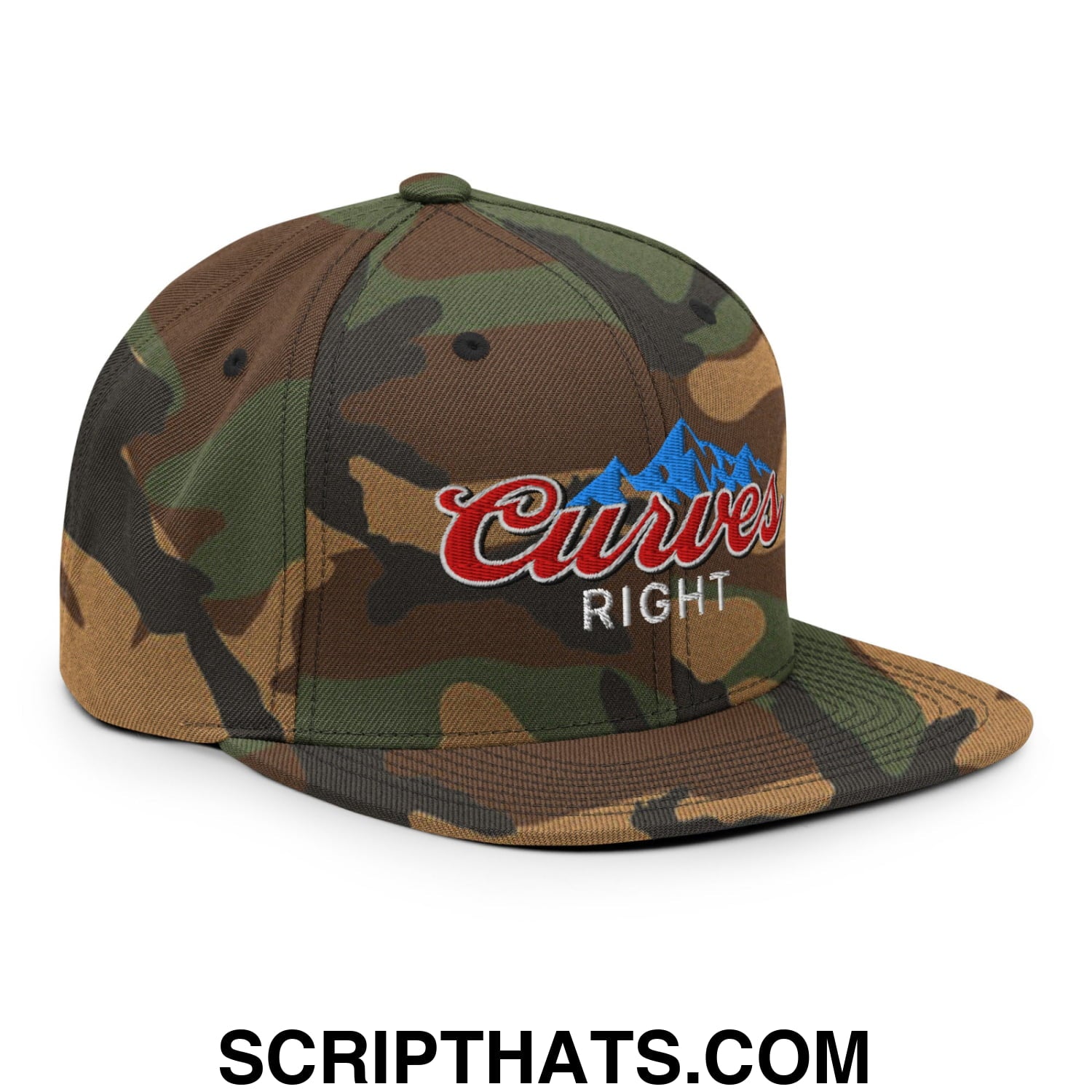 Curves Right Embroidered Flat Bill Brim Snapback Hat Green Camo
