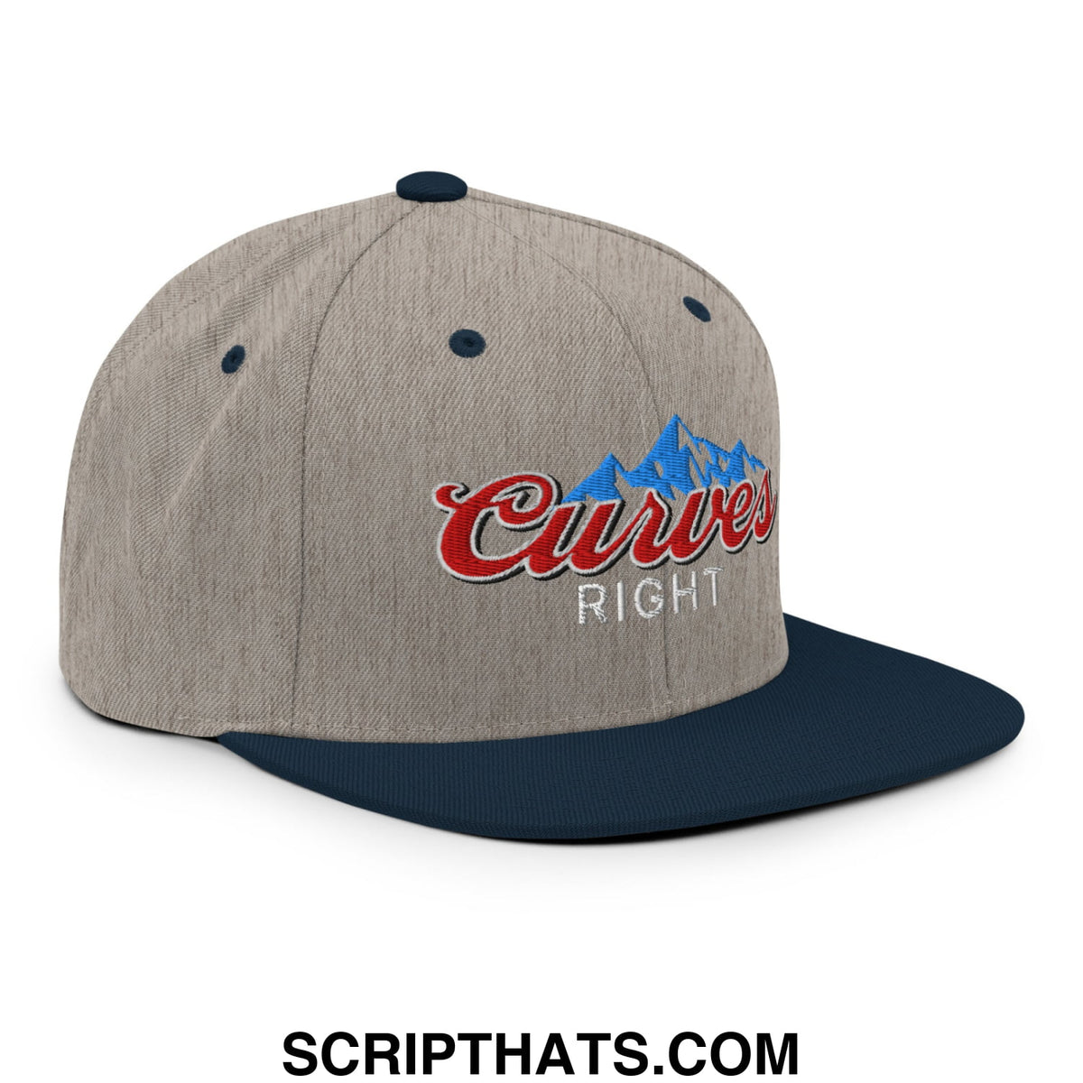 Gray and navy blue snapback cap with embroidered curves right logo in red script over a blue mountain design