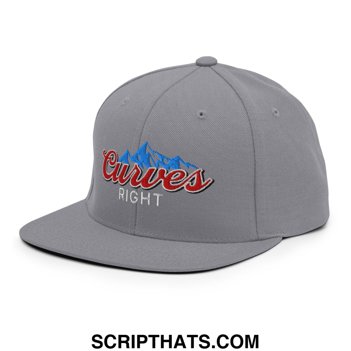 Gray snapback cap with embroidered curves right red script and blue mountain design flat bill brim hat