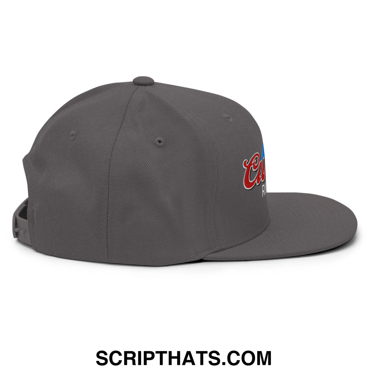Gray snapback hat with flat bill brim featuring red and blue embroidered curves right script logo on the side