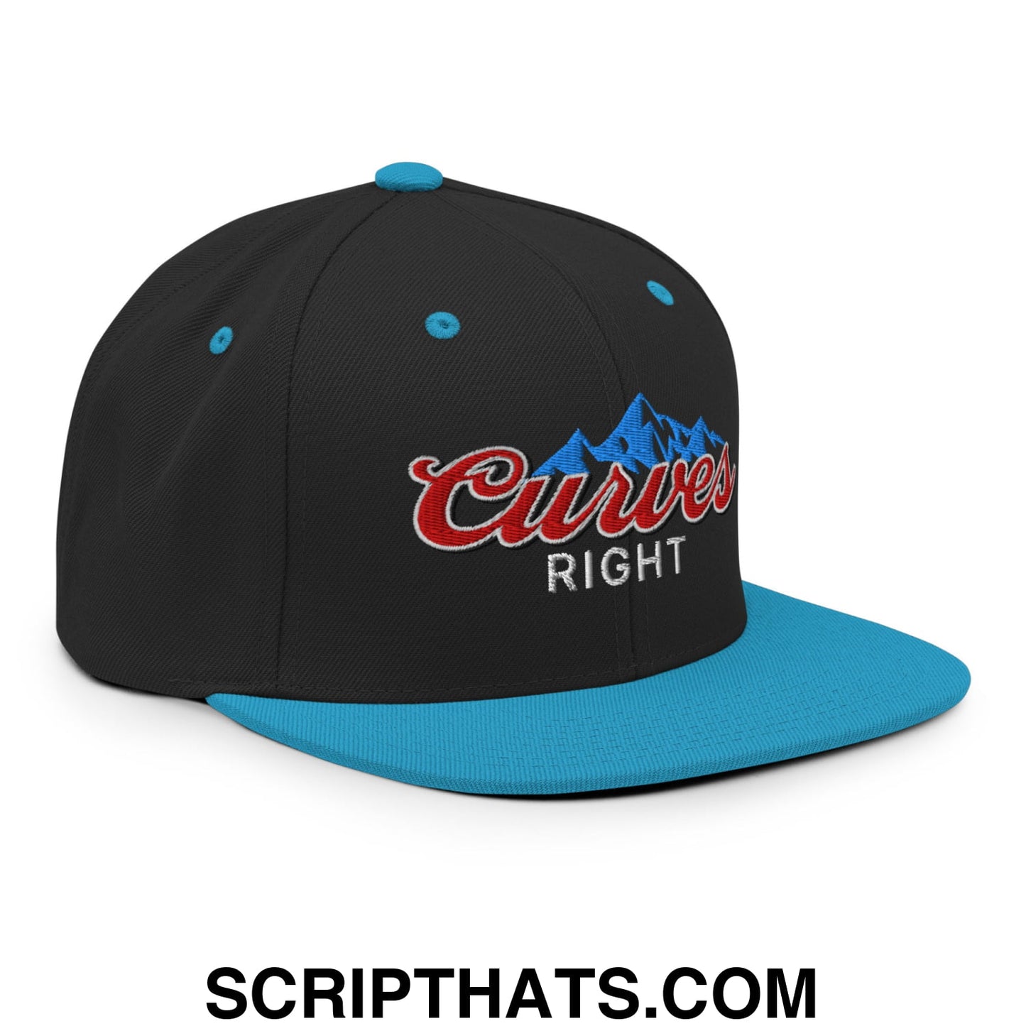 Curves Right Embroidered Flat Bill Brim Snapback Hat Black Teal