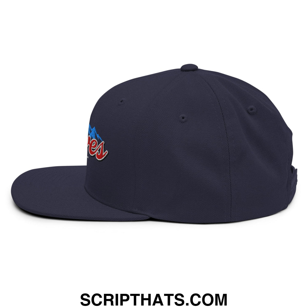 Navy blue snapback hat with embroidered red and blue logo on the side featuring a flat bill brim design