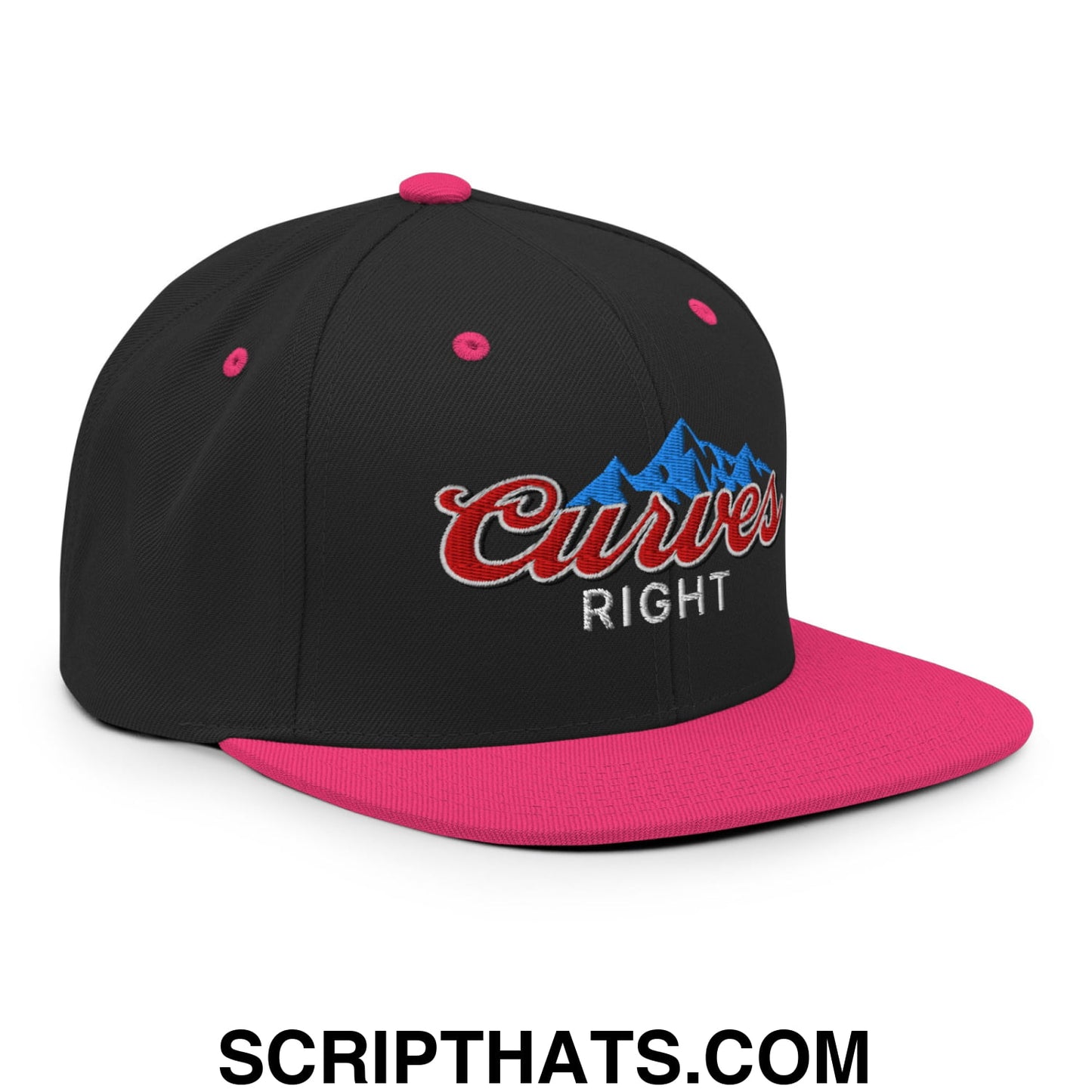 Curves Right Embroidered Flat Bill Brim Snapback Hat Black Neon Pink