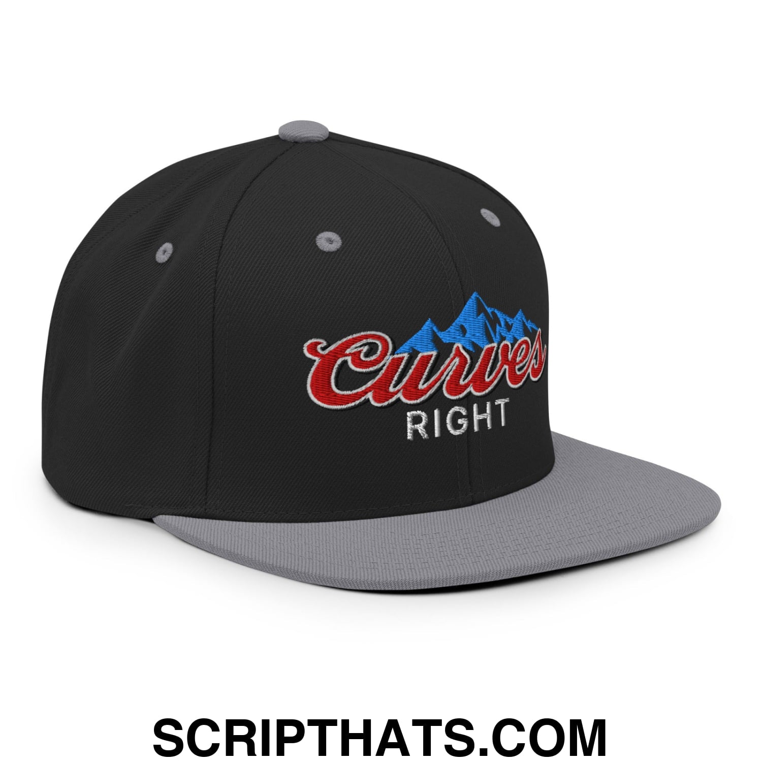 Curves Right Embroidered Flat Bill Brim Snapback Hat Black Silver