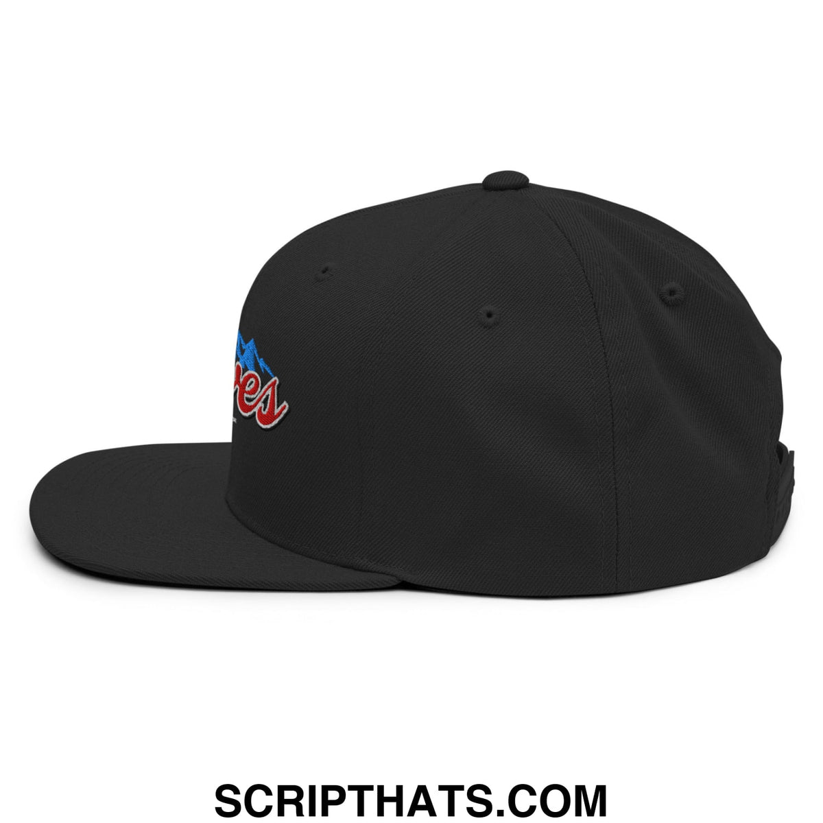 Black snapback cap with flat bill brim featuring embroidered red and blue curves right logo on the side