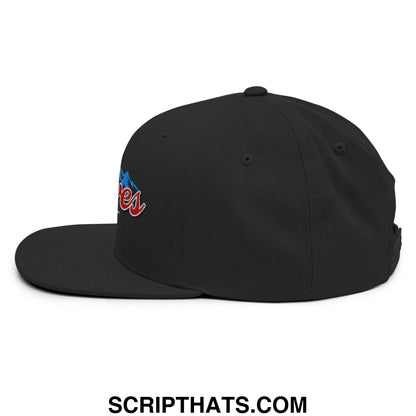 Black snapback cap with flat bill brim featuring embroidered red and blue curves right logo on the side