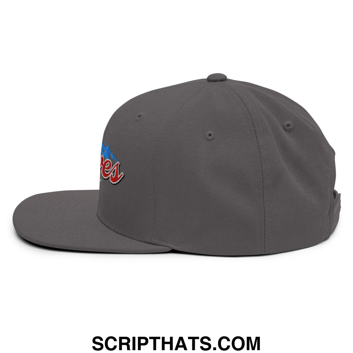 Gray snapback hat with flat bill brim featuring embroidered red and blue curves right logo on the side