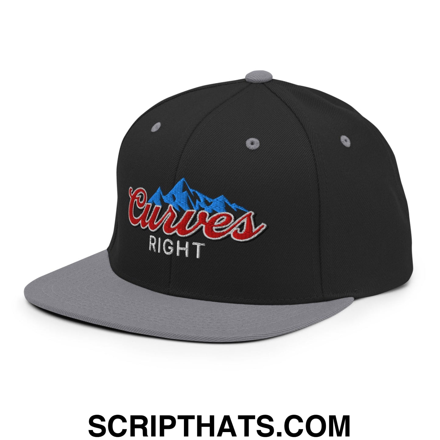 Curves Right Embroidered Flat Bill Brim Snapback Hat Black Silver