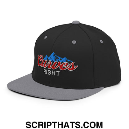 Curves Right Embroidered Flat Bill Brim Snapback Hat Black Silver