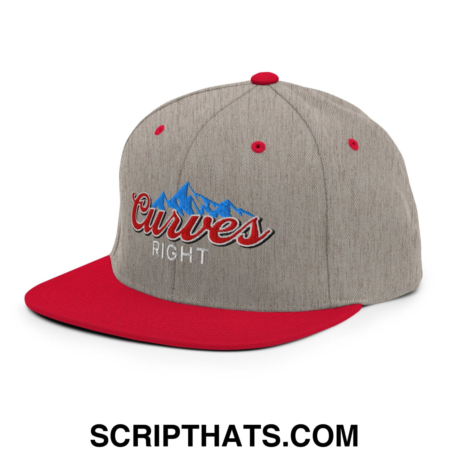 Curves Right Embroidered Flat Bill Brim Snapback Hat Heather Grey Red