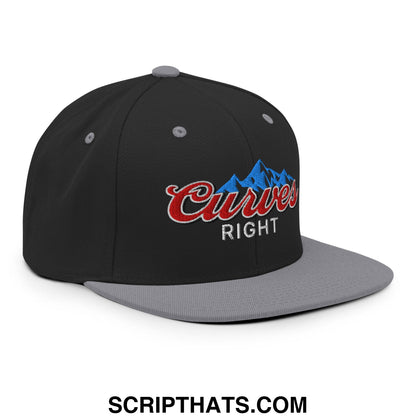 Black and gray snapback cap with embroidered curves right logo featuring red script, blue mountain outline, and white text