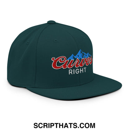 Dark green snapback hat featuring embroidered curves right logo with red script and blue mountain design