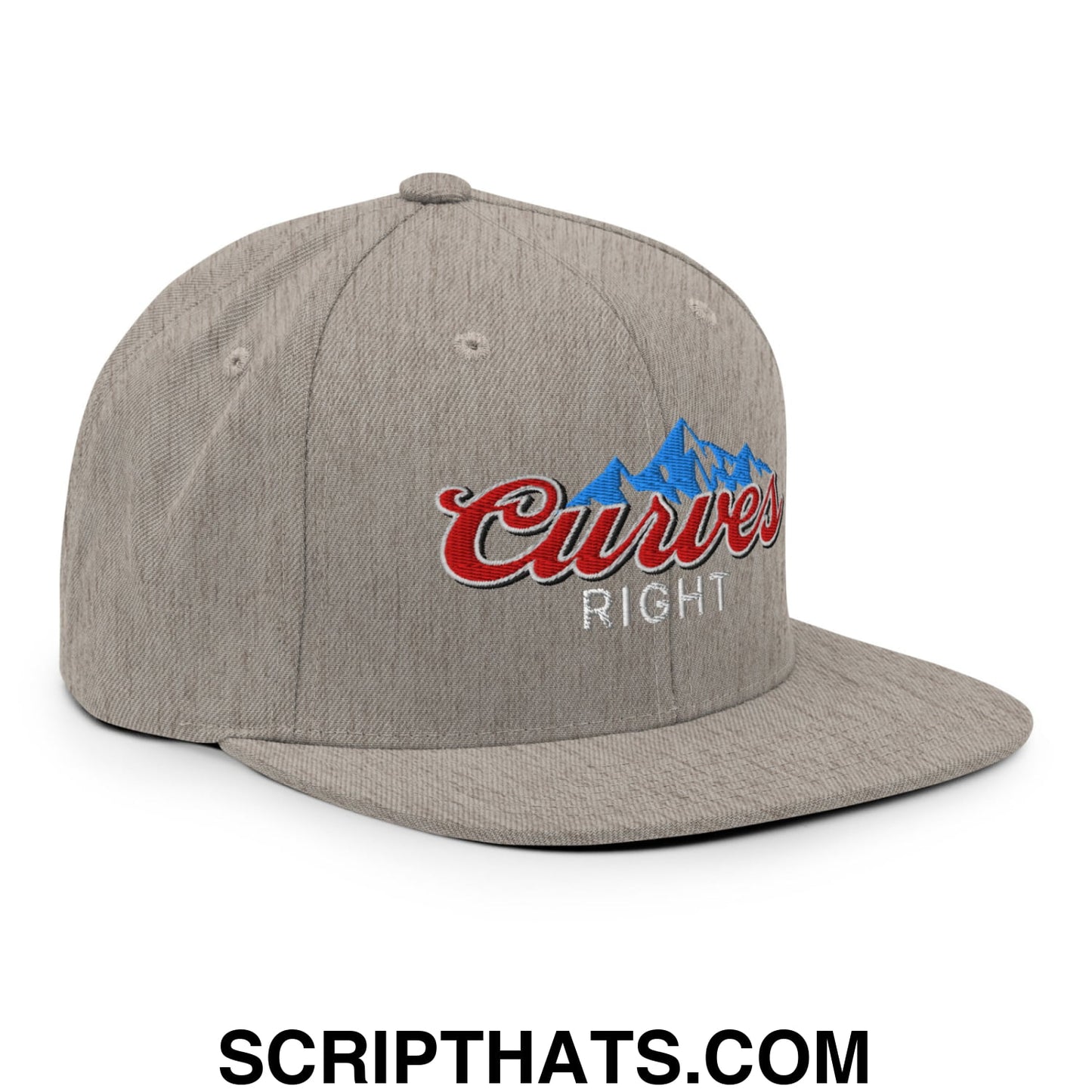 Curves Right Embroidered Flat Bill Brim Snapback Hat Heather Grey