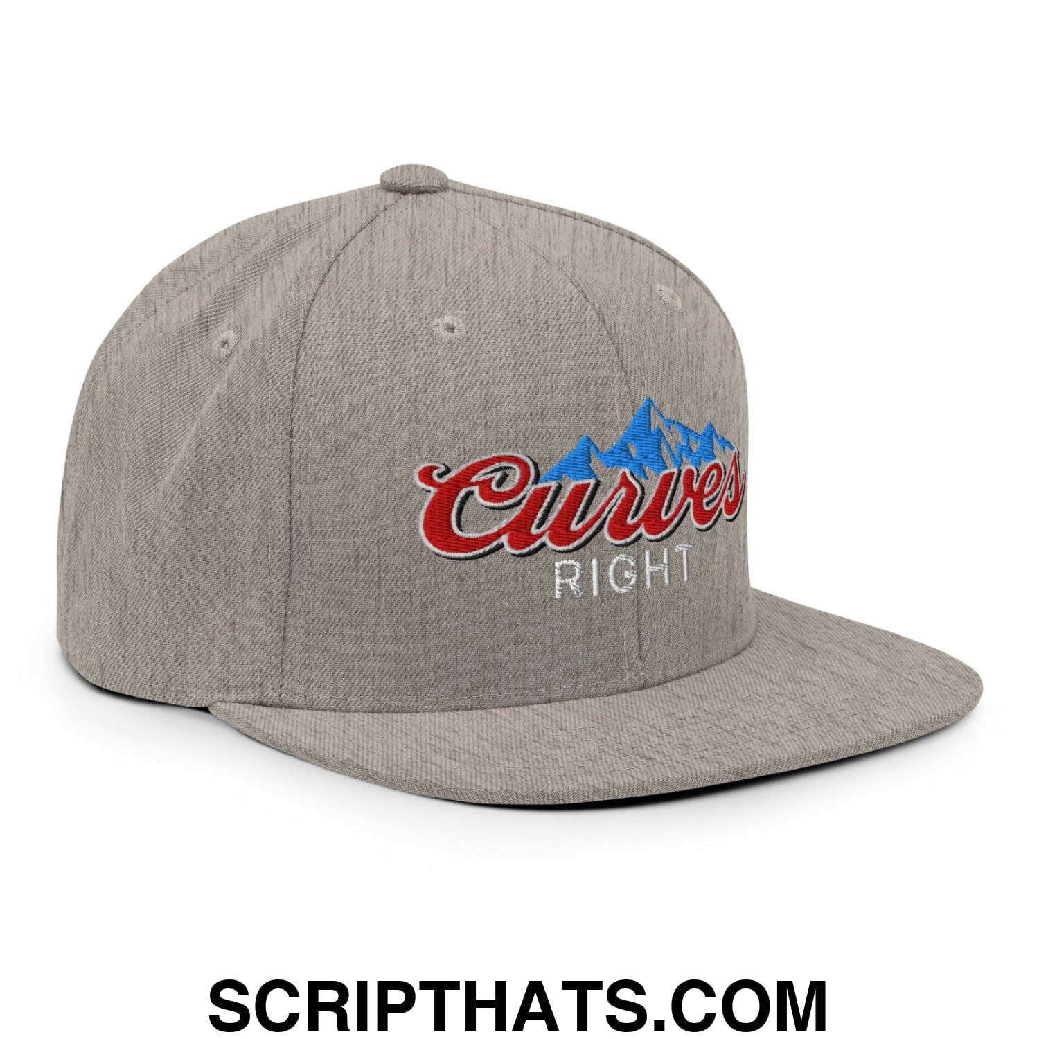 Curves Right Embroidered Flat Bill Brim Snapback Hat Heather Grey