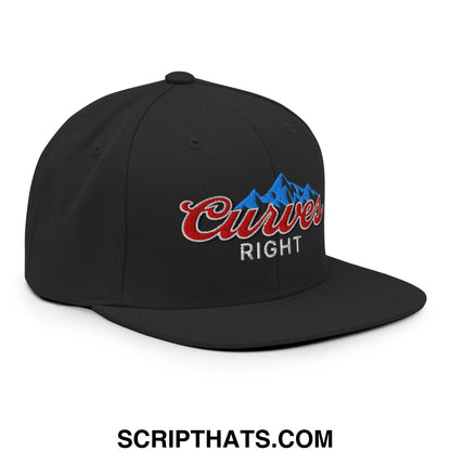 Black snapback cap with embroidered curves right logo in red script and blue mountain design on flat bill brim
