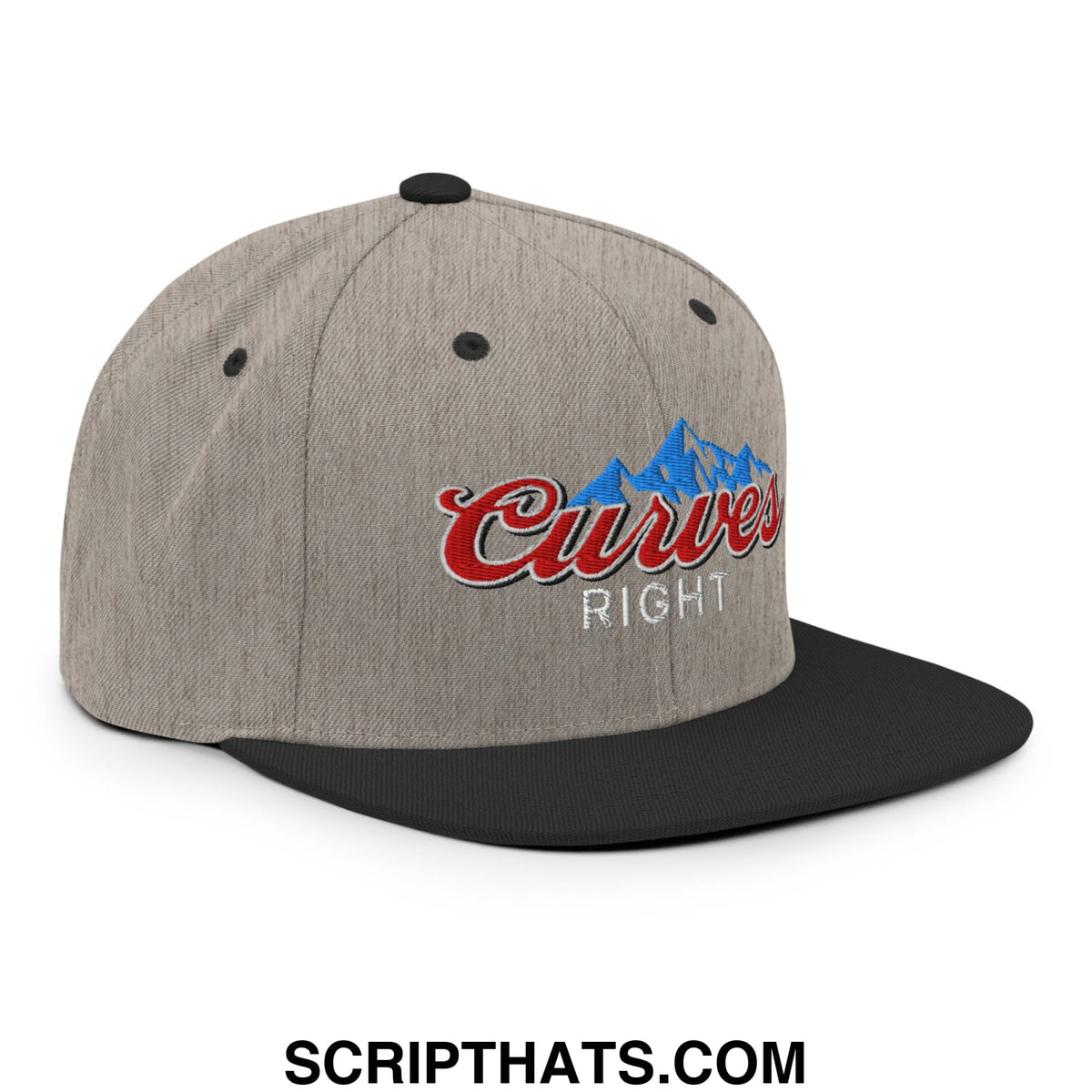 Gray and black snapback hat with embroidered curves right red script logo over blue mountain peak design