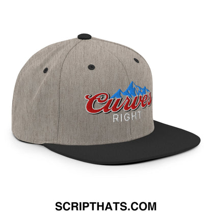 Gray and black snapback hat with embroidered curves right red script logo over blue mountain peak design