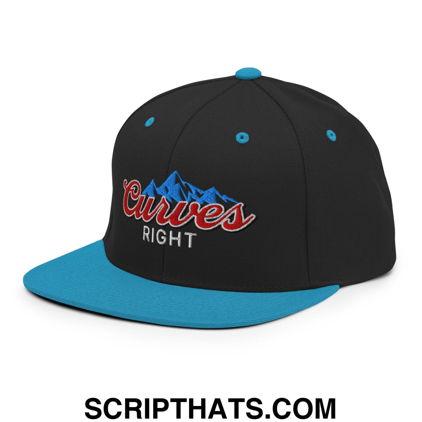 Curves Right Embroidered Flat Bill Brim Snapback Hat Black Teal