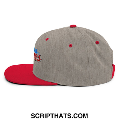 Curves right embroidered flat bill brim snapback hat with gray heathered crown red solid brim and side logo