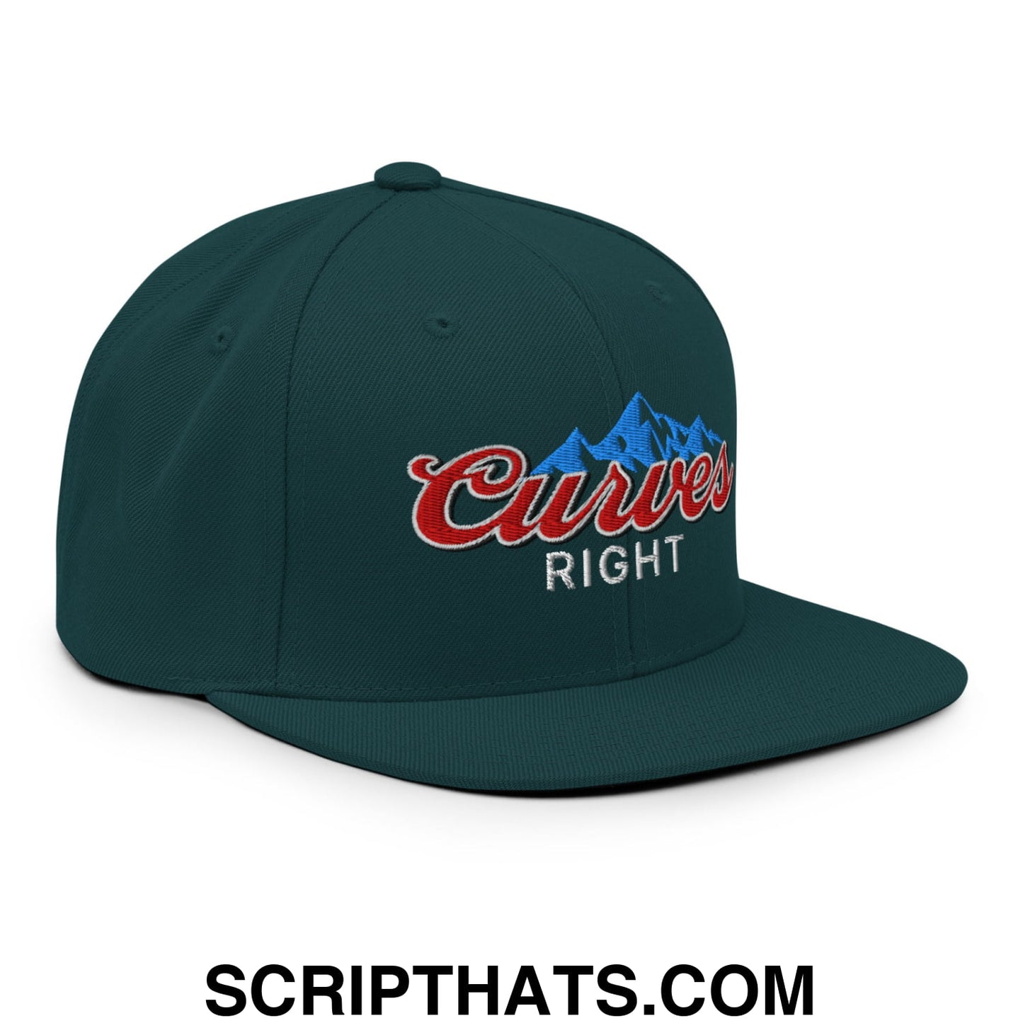 Curves Right Embroidered Flat Bill Brim Snapback Hat Spruce