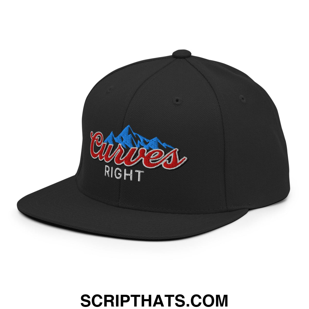 Black snapback hat with embroidered curves right logo in red script and blue mountain design on flat bill brim