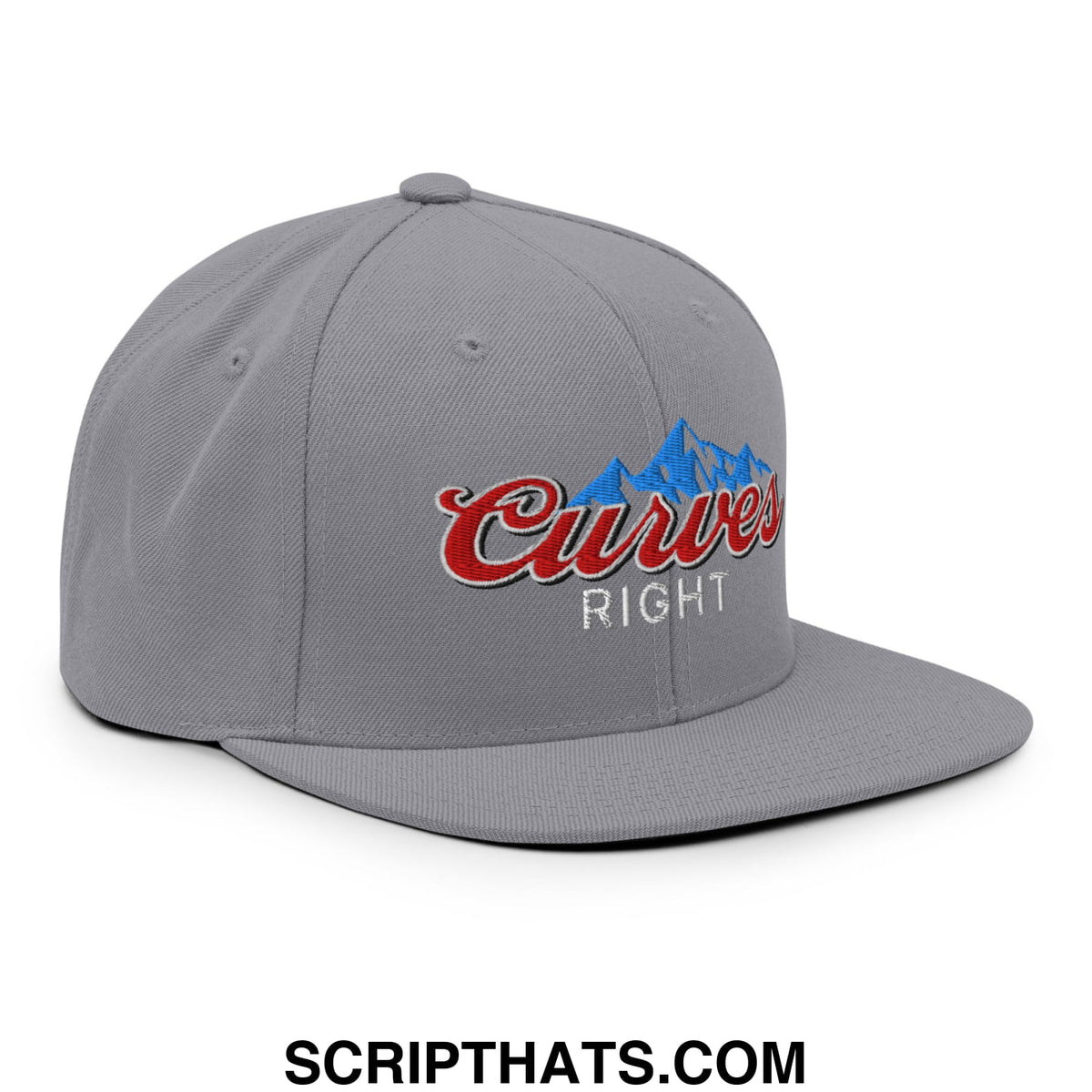Gray snapback cap with embroidered curves right logo in red script and blue mountain design on the front panel