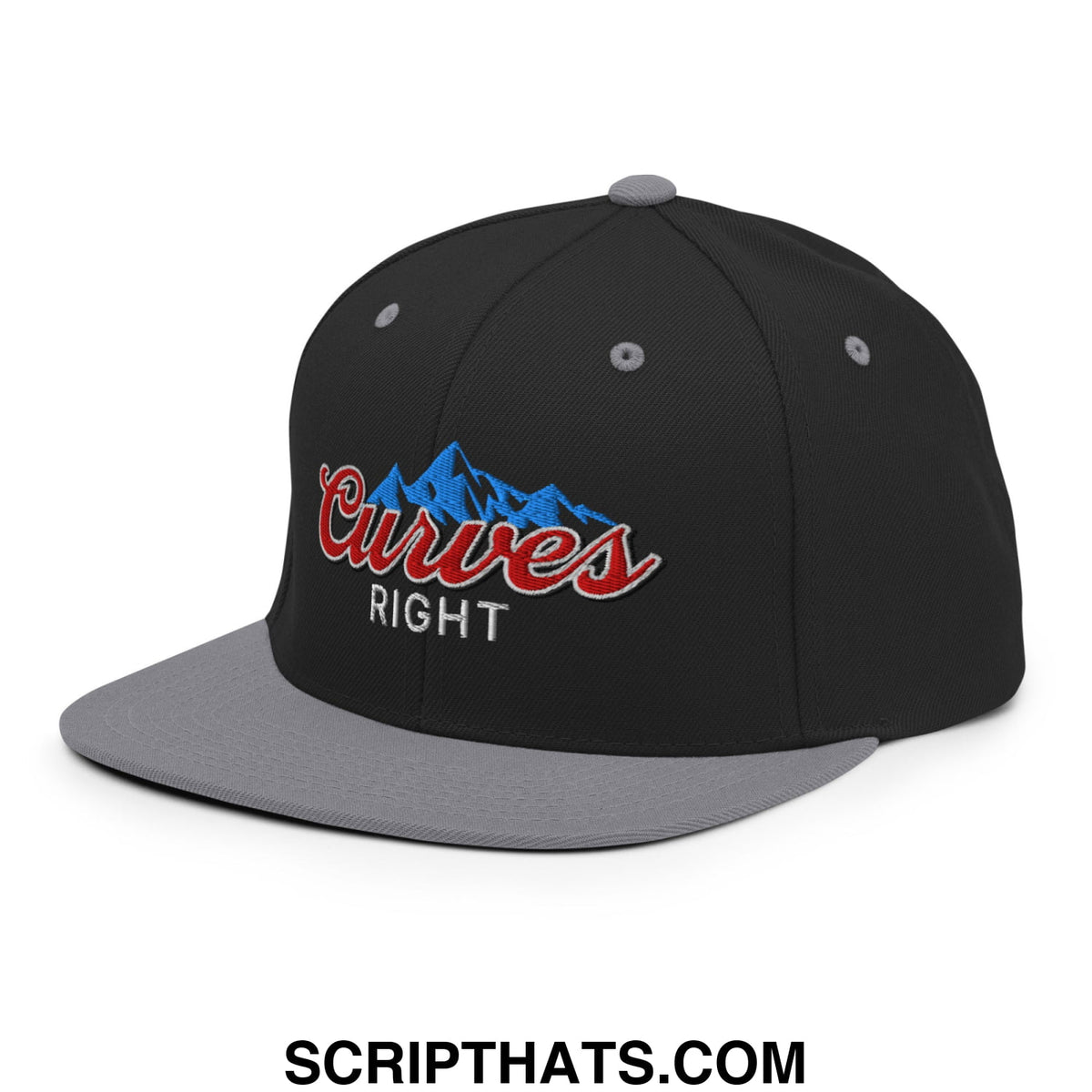 Black and gray snapback cap with embroidered red curves right logo over blue mountain peaks flat bill brim