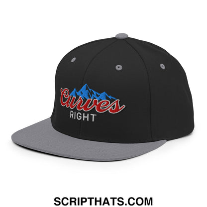 Black and gray snapback cap with embroidered red curves right logo over blue mountain peaks flat bill brim