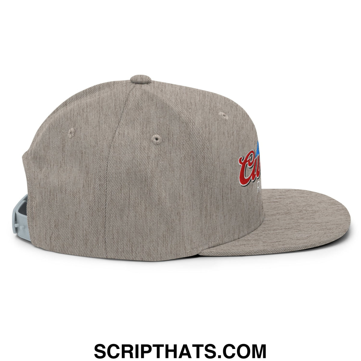 Gray heathered snapback hat with red and blue embroidered logo on flat bill brim in curves right style