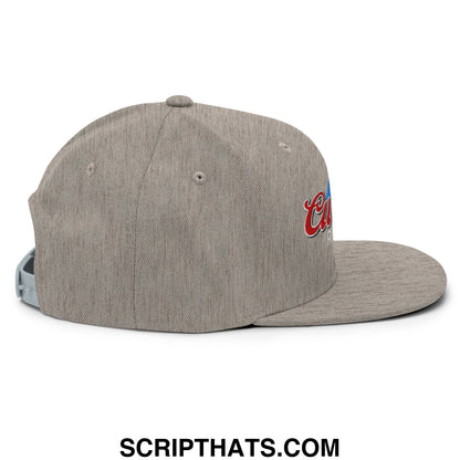 Gray heathered snapback hat with red and blue embroidered logo on flat bill brim in curves right style