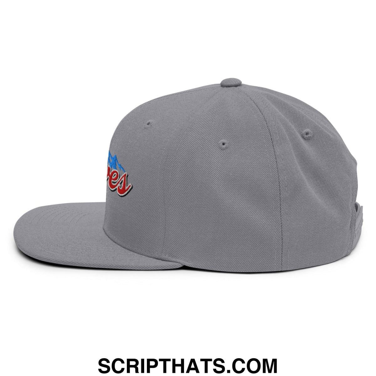 Gray snapback hat with flat bill brim featuring a blue and red embroidered Curves Right logo on the side