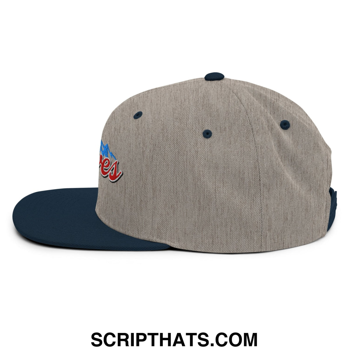 Curves right embroidered flat bill brim snapback hat in gray and navy blue heathered fabric with red script logo